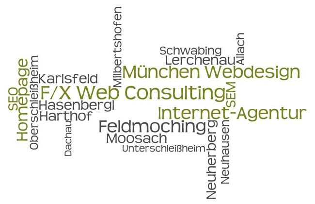 Word-Cloud mit Kernkompetenzen sowie Münchner Stadtteilen und Orten rund um den Standort von F/X Web Consulting: Feldmoching, Hasenbergl, Lerchenau, Neuherberg, Harthof, Am Hart, Milbertshofen, Moosach, Allach, Schwabing, Neuhausen, Karlsfeld, Oberschleißheim, Unterschleißheim, Dachau