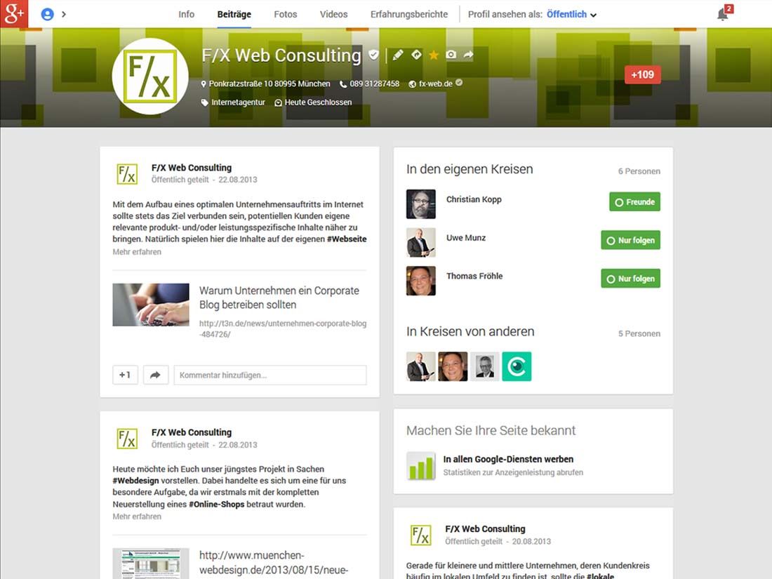 2013: F/X Web Consulting | Webdesign München | Google+ Unternehmensseite