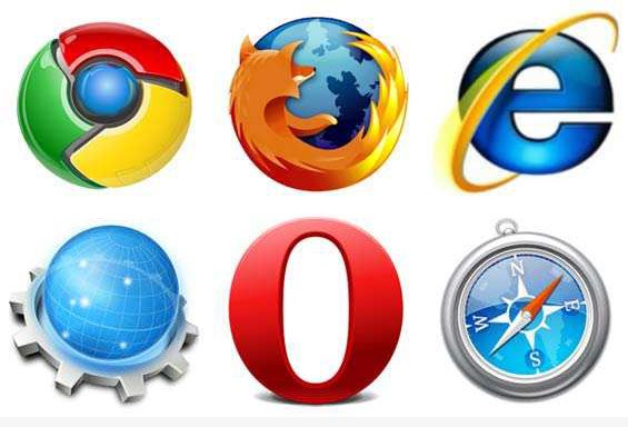 Programmsymbole der am weitesten verbreiteten Browser wie Internet Explorer, Mozilla Firefox, Google Chrome, Opera und Apple Safari